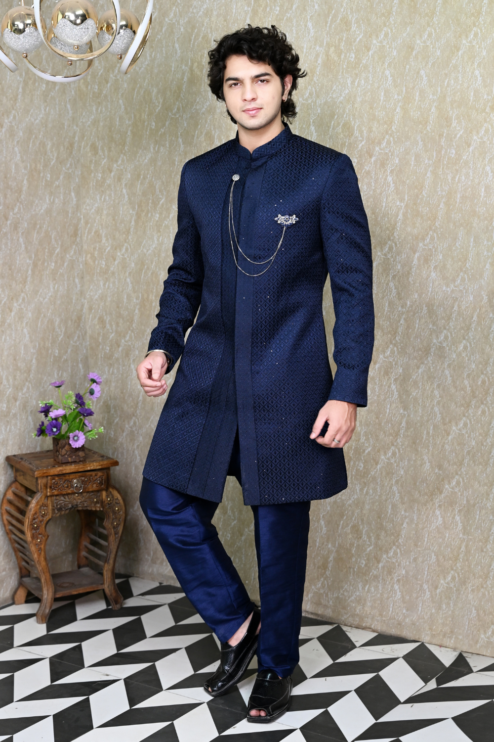 Men's Navy Blue Embroidered Sherwani Secondary image