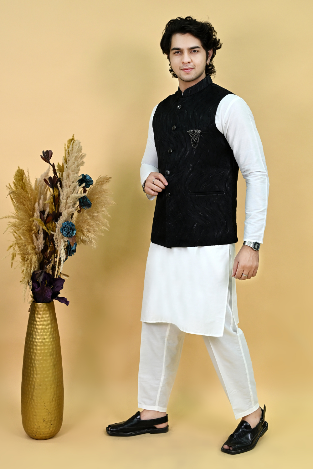 Men's Black Woven Design Embroidered Waist coat