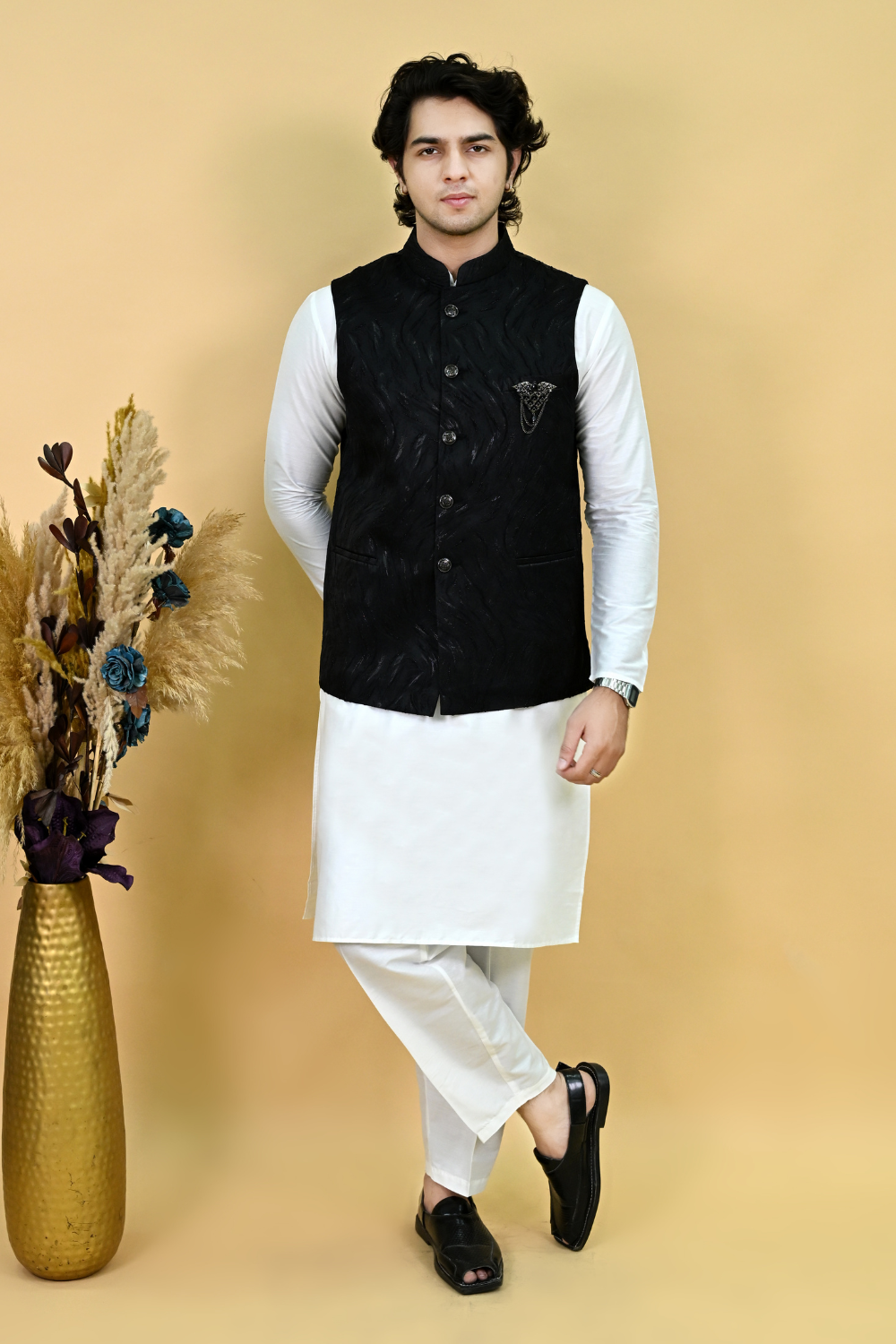 Men's Black Woven Design Embroidered Waist coat