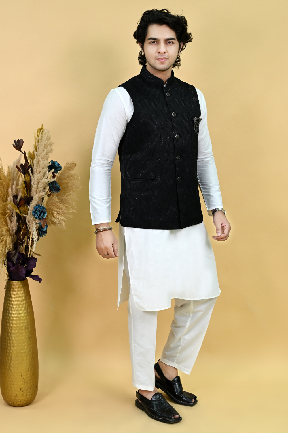 Men's Black Woven Design Embroidered Waist coat Secondary image