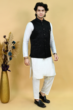 Men's Black Woven Design Embroidered Waist coat