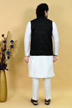 Men's Black Woven Design Embroidered Waist coat