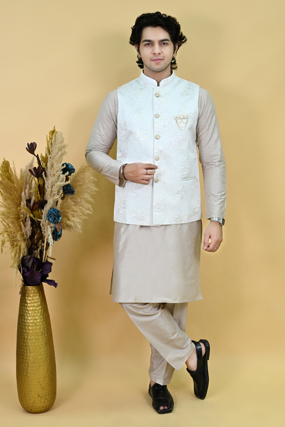 Men Light blue sequins silk jacquard nehru Waist Coat Main image