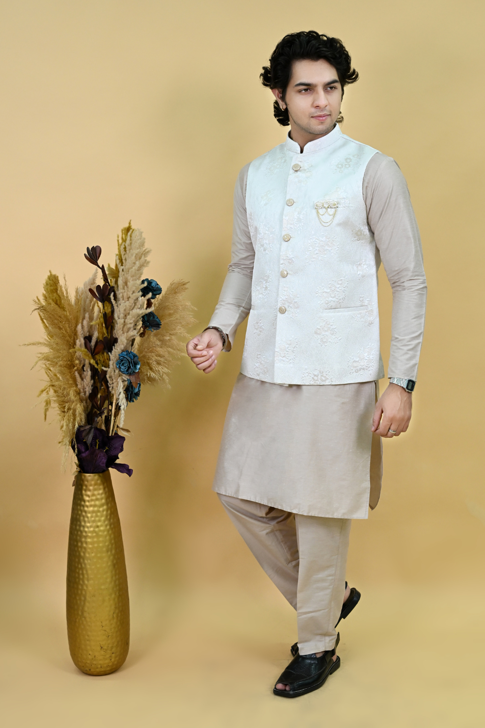 Men Light blue sequins silk jacquard nehru Waist Coat Secondary image