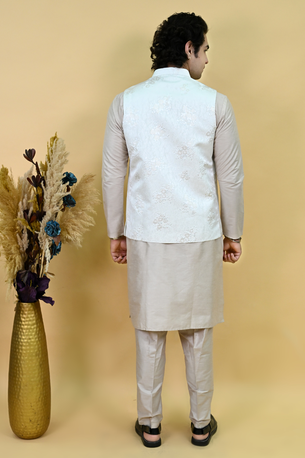 Men Light blue sequins silk jacquard nehru Waist Coat