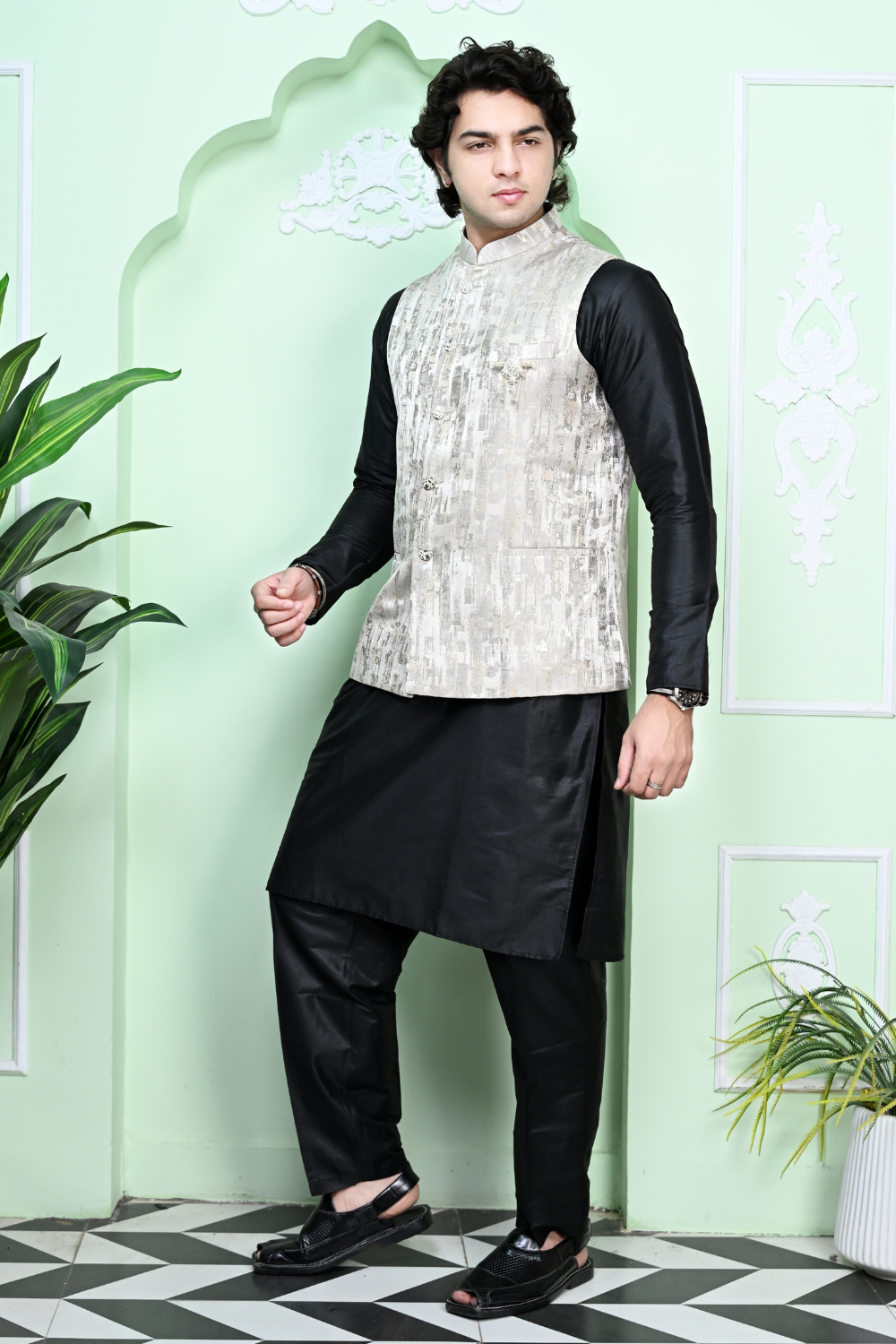 Mens cream Brocade waistcoat