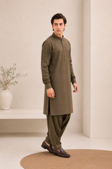 Olive Green Kurta Trouser/Shalwar - Men