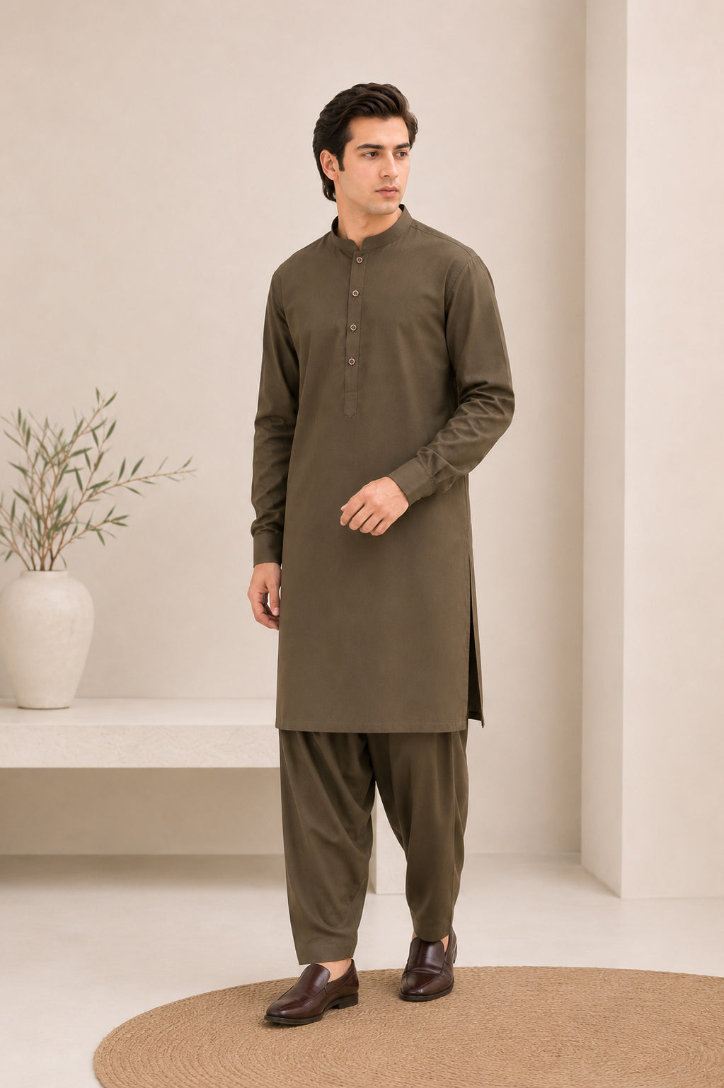 Olive Green Kurta Trouser/Shalwar - Men