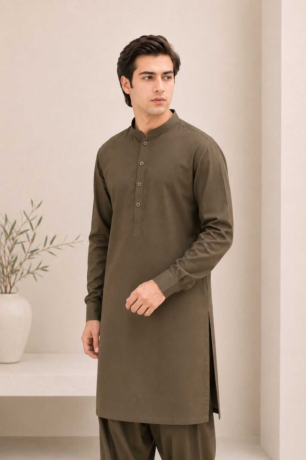 Olive Green Kurta Trouser/Shalwar - Men
