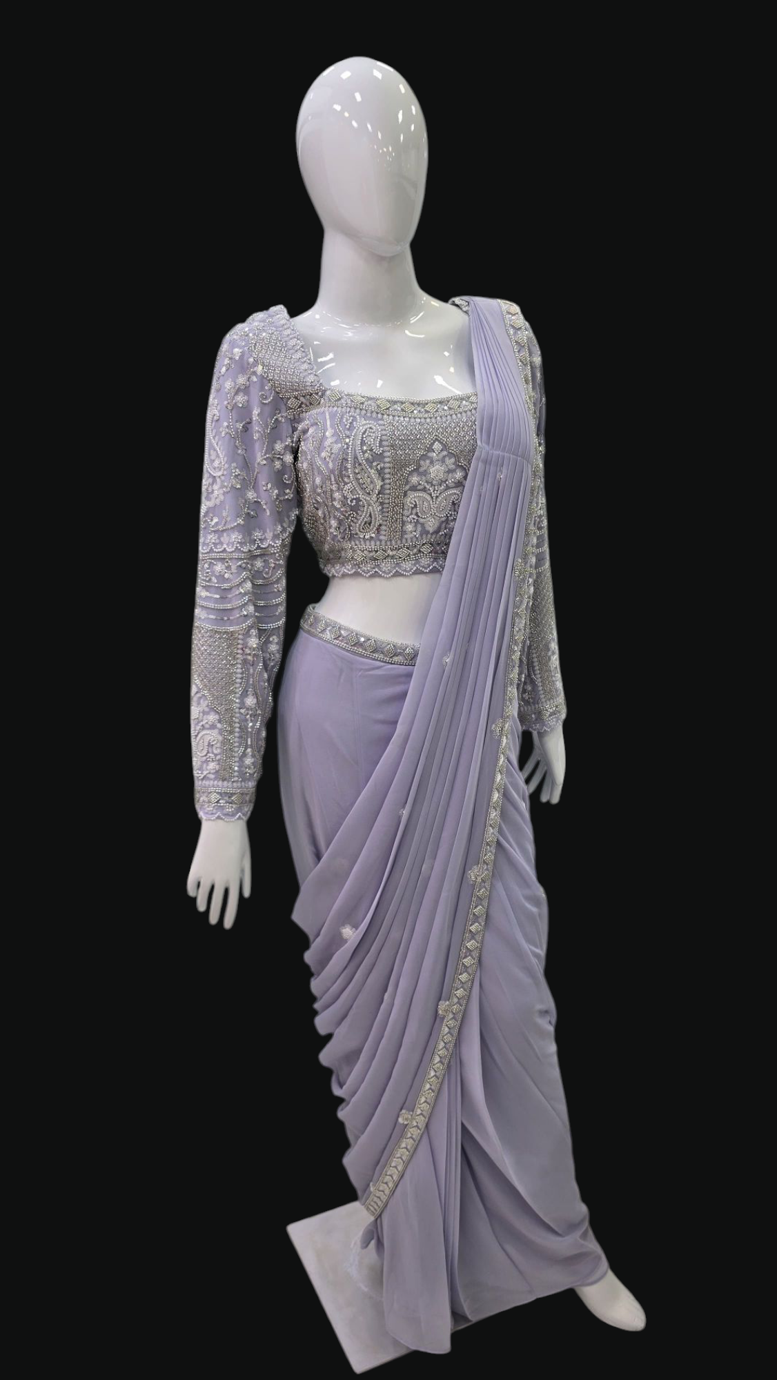 Lilac Heavy Crepe Embroidered Crystals Solid Pre-draped Saree