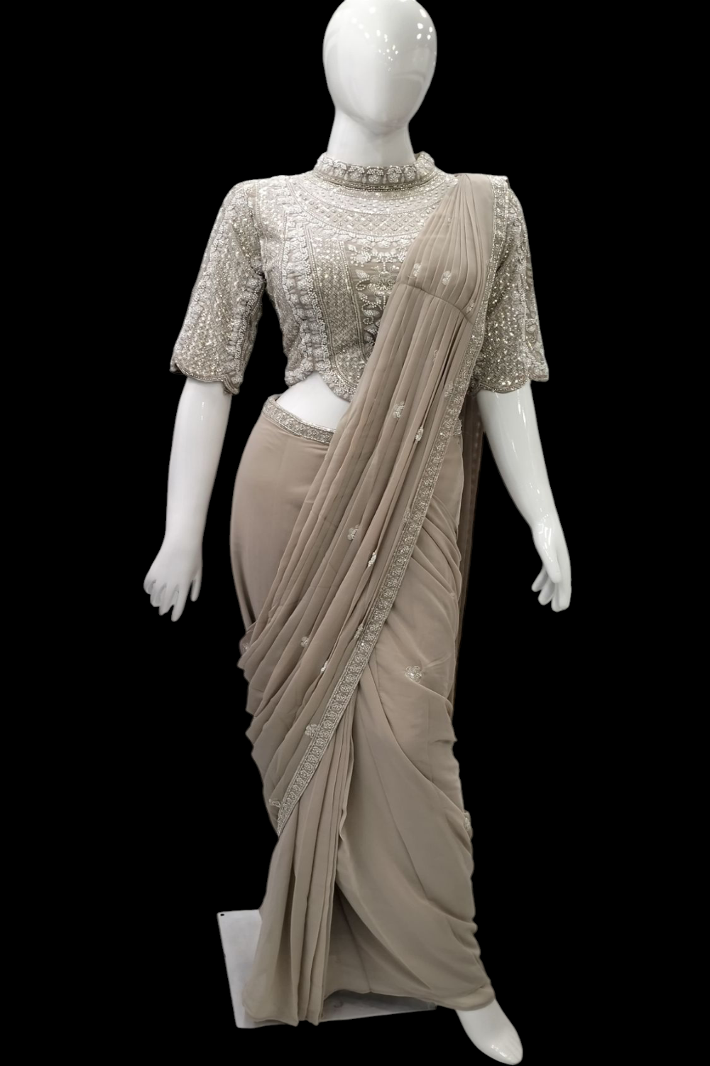 Beige Elegance Crepe Ready-To-Wear Pre-Draped Saree Main image