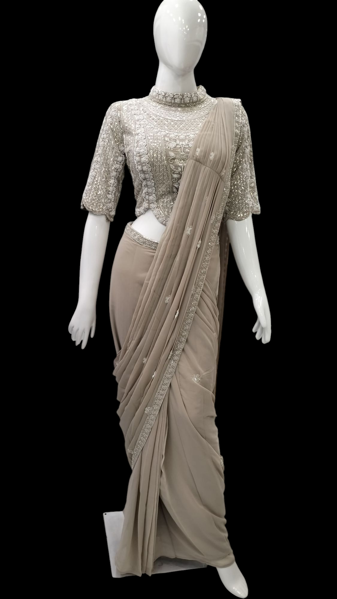 Beige Elegance Crepe Ready-To-Wear Pre-Draped Saree