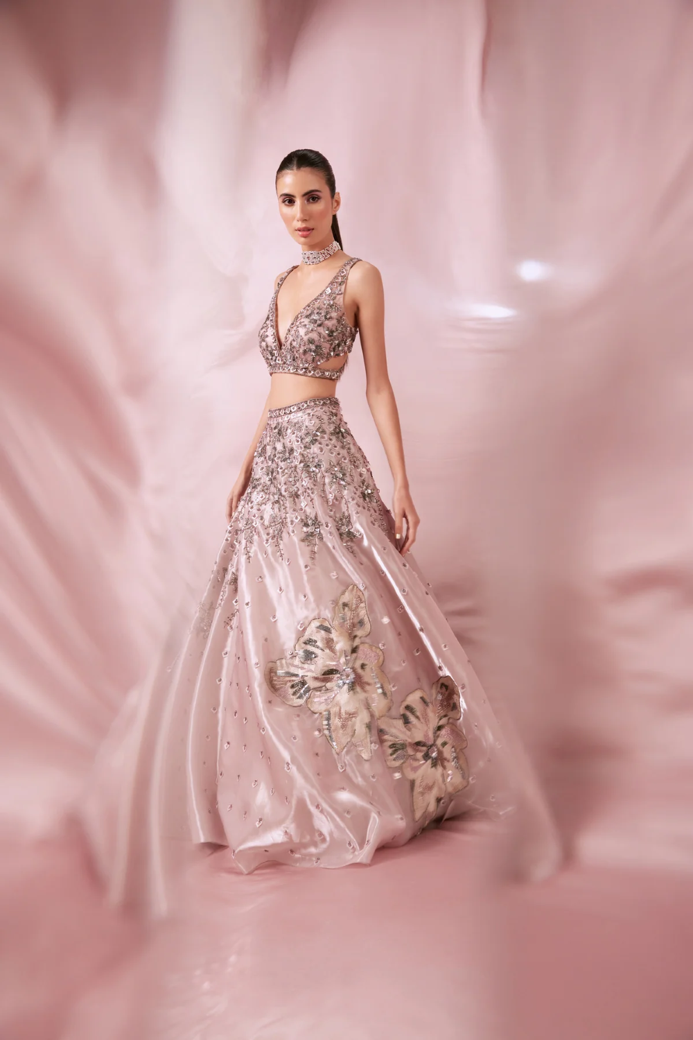 Pink Organza lehenga embellished with  zari and resham Secondary image