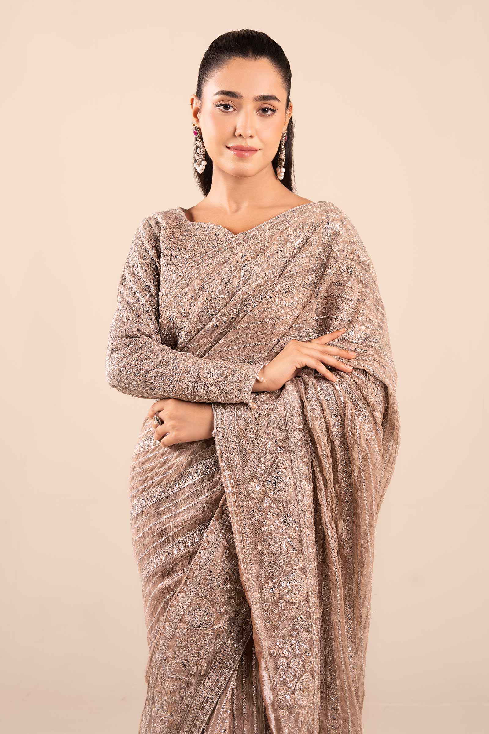 Maria B | Pre Fall Dresses | Embroidered Net Saree Light Skin