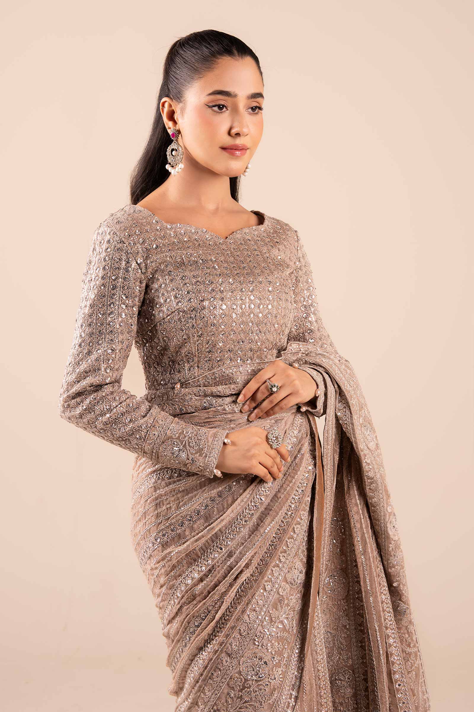 Maria B | Pre Fall Dresses | Embroidered Net Saree Light Skin