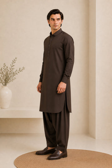 Dark Brown French Collar Kameez Shalwar - Men