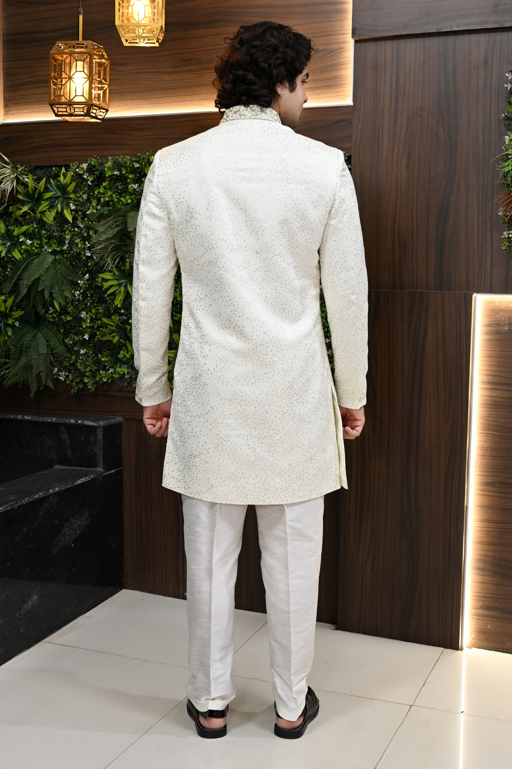 Men Sherwani in Ivory Jacquard  with Zari Work