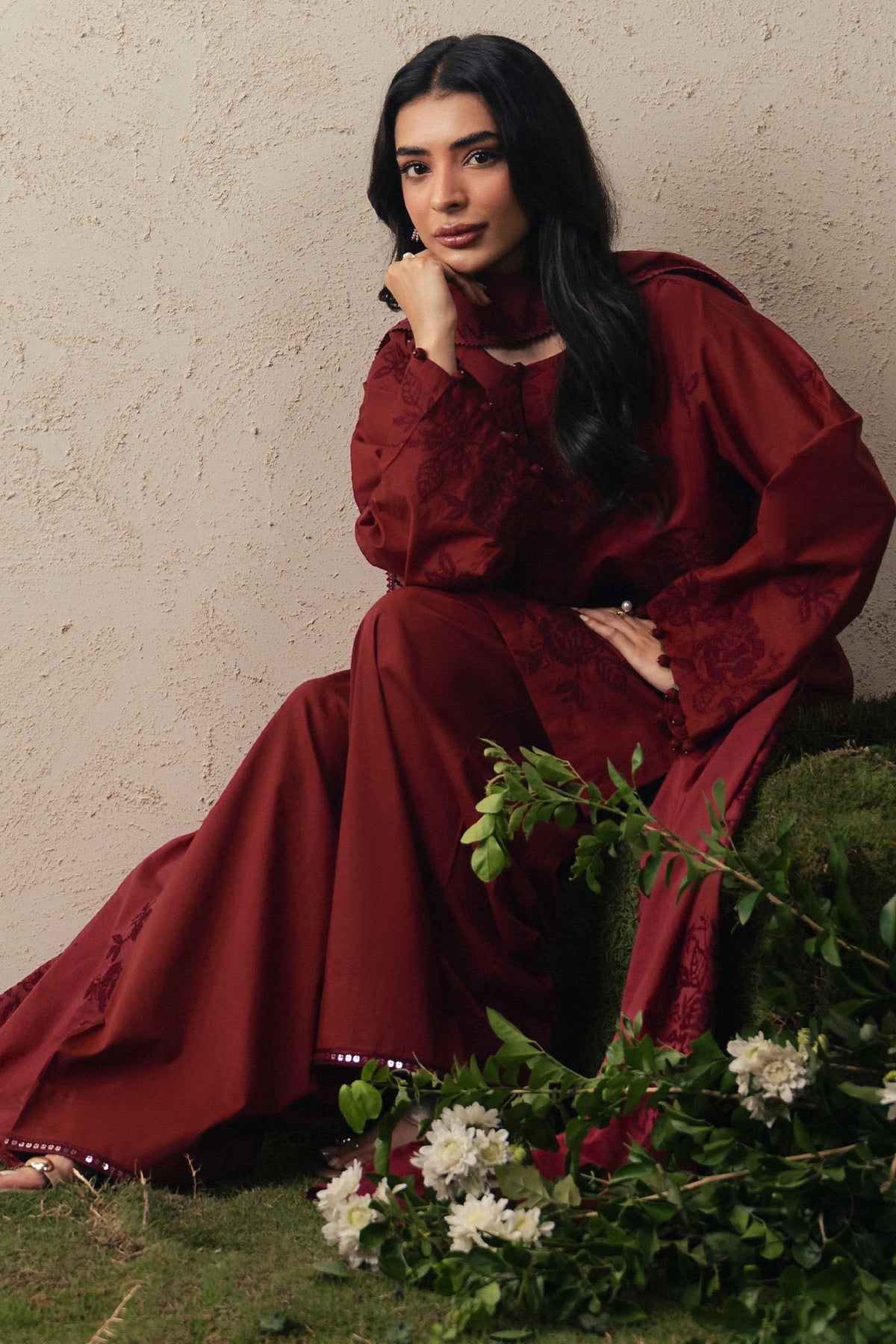 Cross Stitch | The Moonsoon Edit 26 | CRIMSON BLOOM-3PC EMBROIDERED SUIT