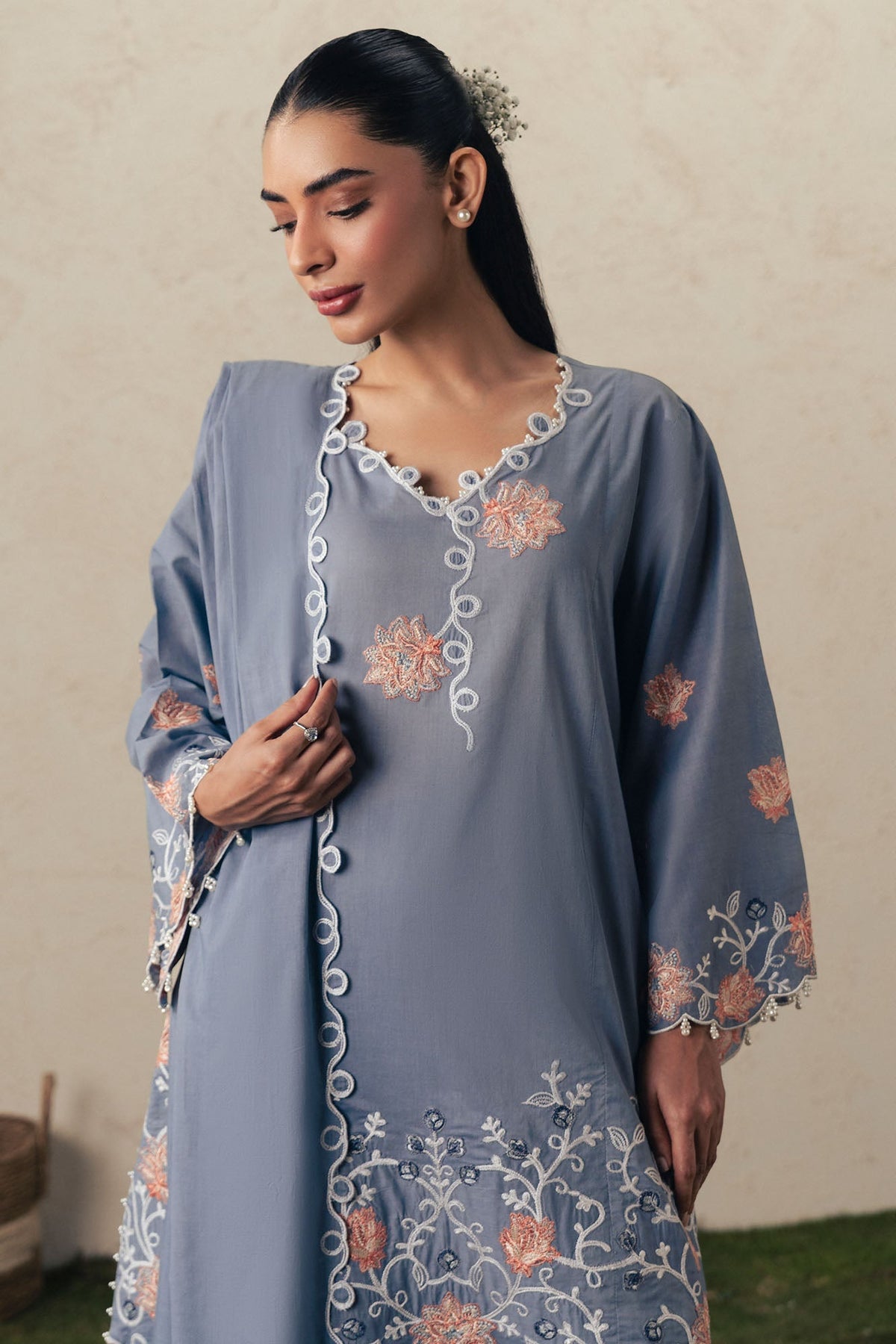 Cross Stitch | The Moonsoon Edit 26 | SAFRON SKY-3PC EMBROIDERED SUIT