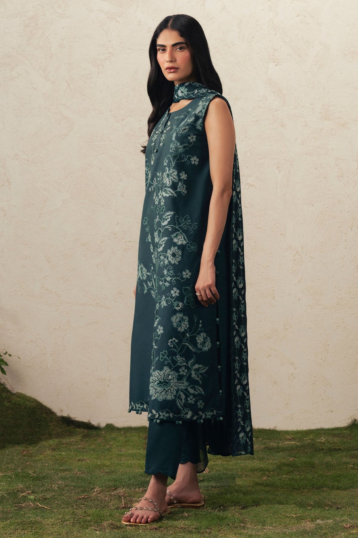 Cross Stitch | The Moonsoon Edit 26 | EMERALD TEAL-3PC EMBROIDERED SUIT