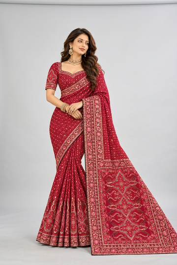 Luxurious crimson red saree featuring intricate floral embroidery