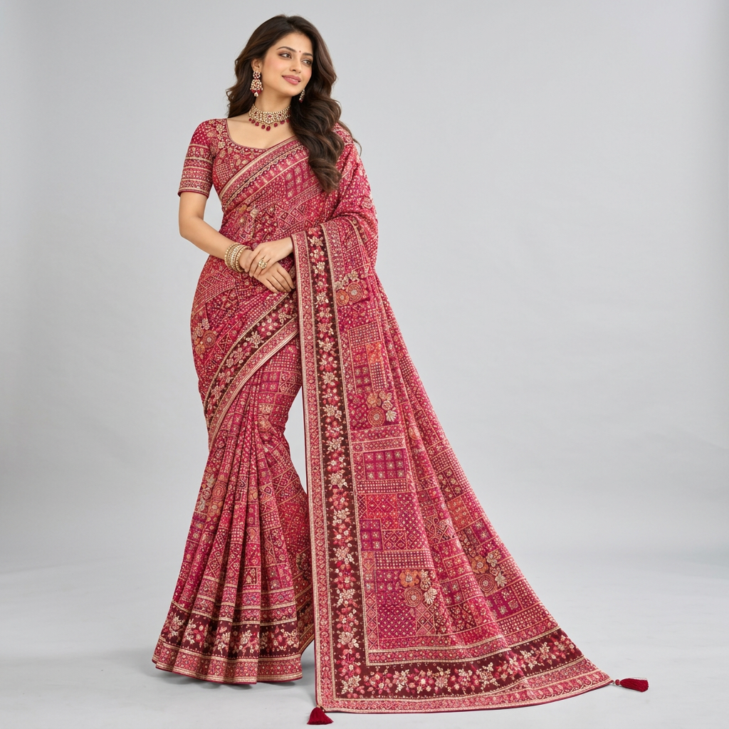 Elegant wine-red saree adorned with intricate embroidery