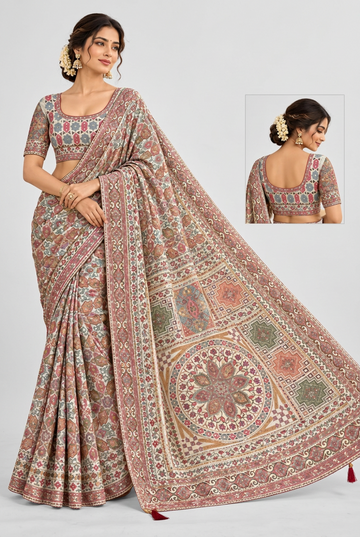 Elegant multicolour printed saree featuring intricate geometric motifs