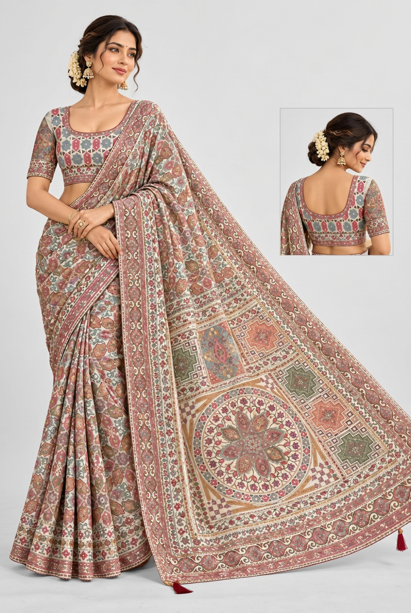 Elegant multicolour printed saree featuring intricate geometric motifs