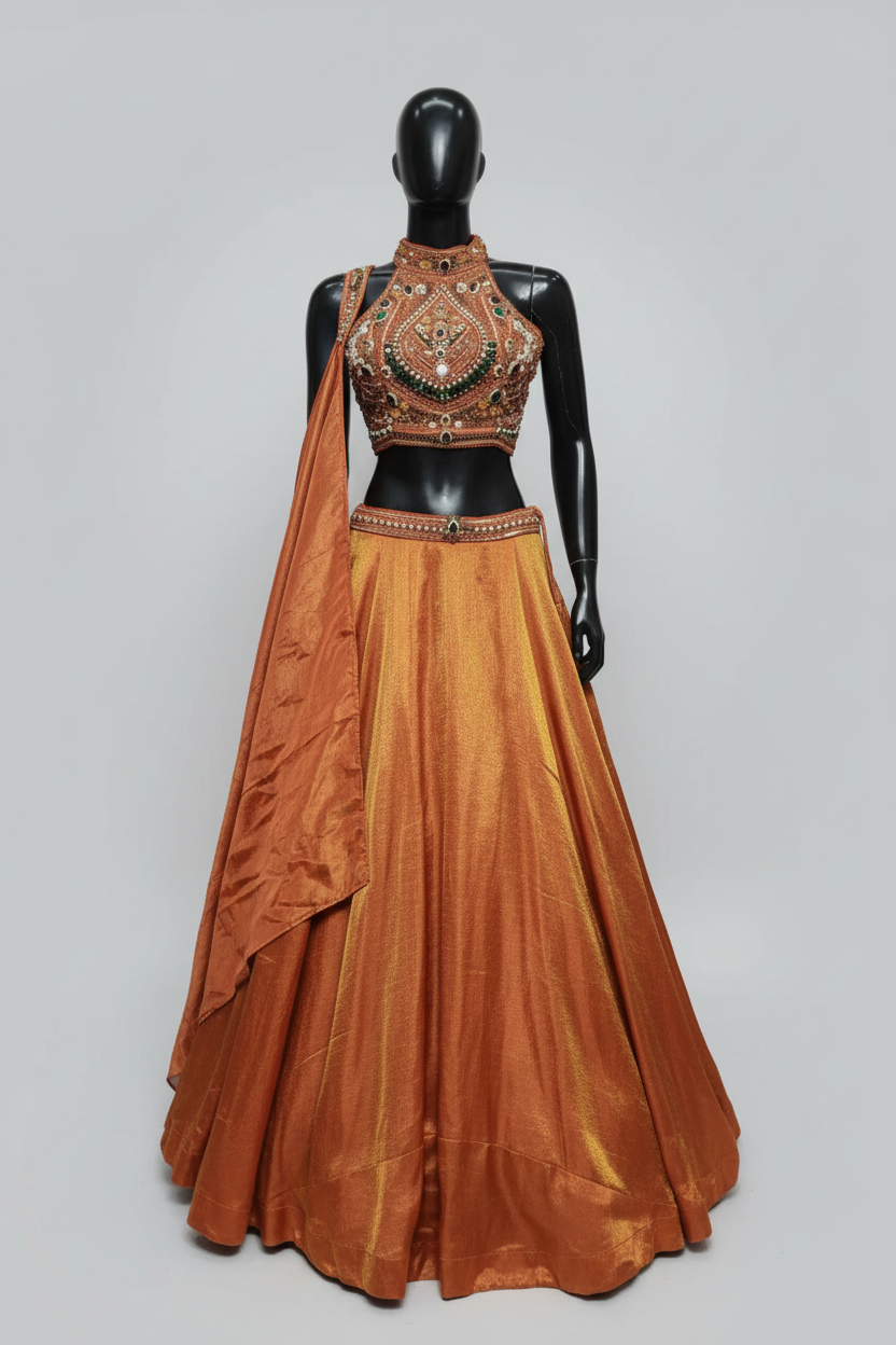Biege Silk Lehenga with Embellished Halter Neck Blouse