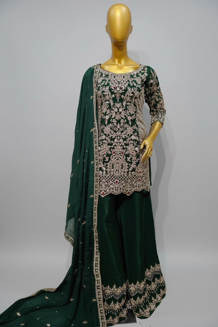 Emerald Green Embroidered Sharara Suit with Dupatta