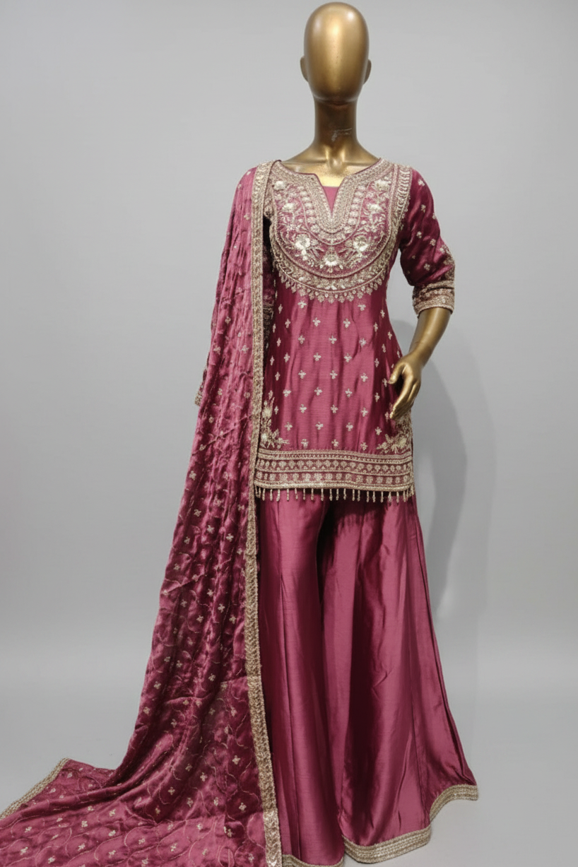 Rose Pink Embroidered Sharara Suit with Dupatta