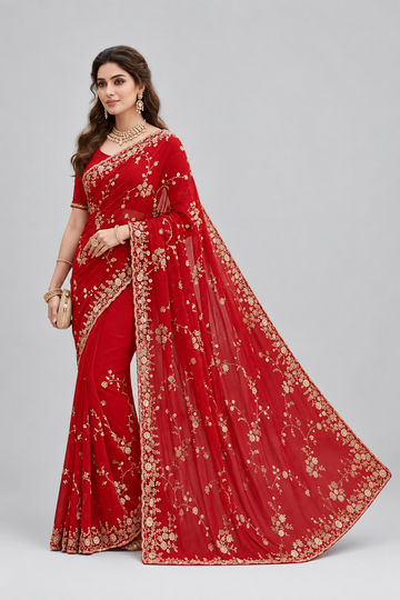 Classy red saree with sequins work