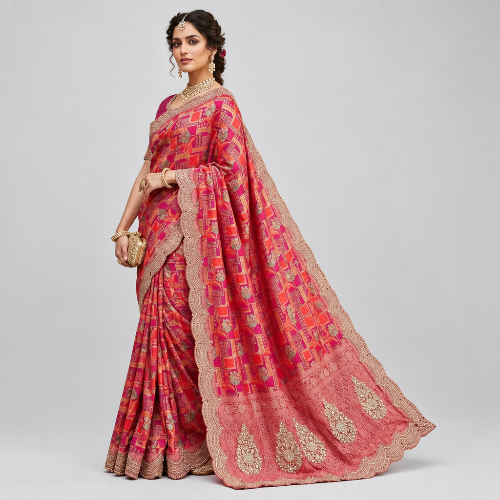 Elegant magenta pink saree featuring intricate geometric patterns