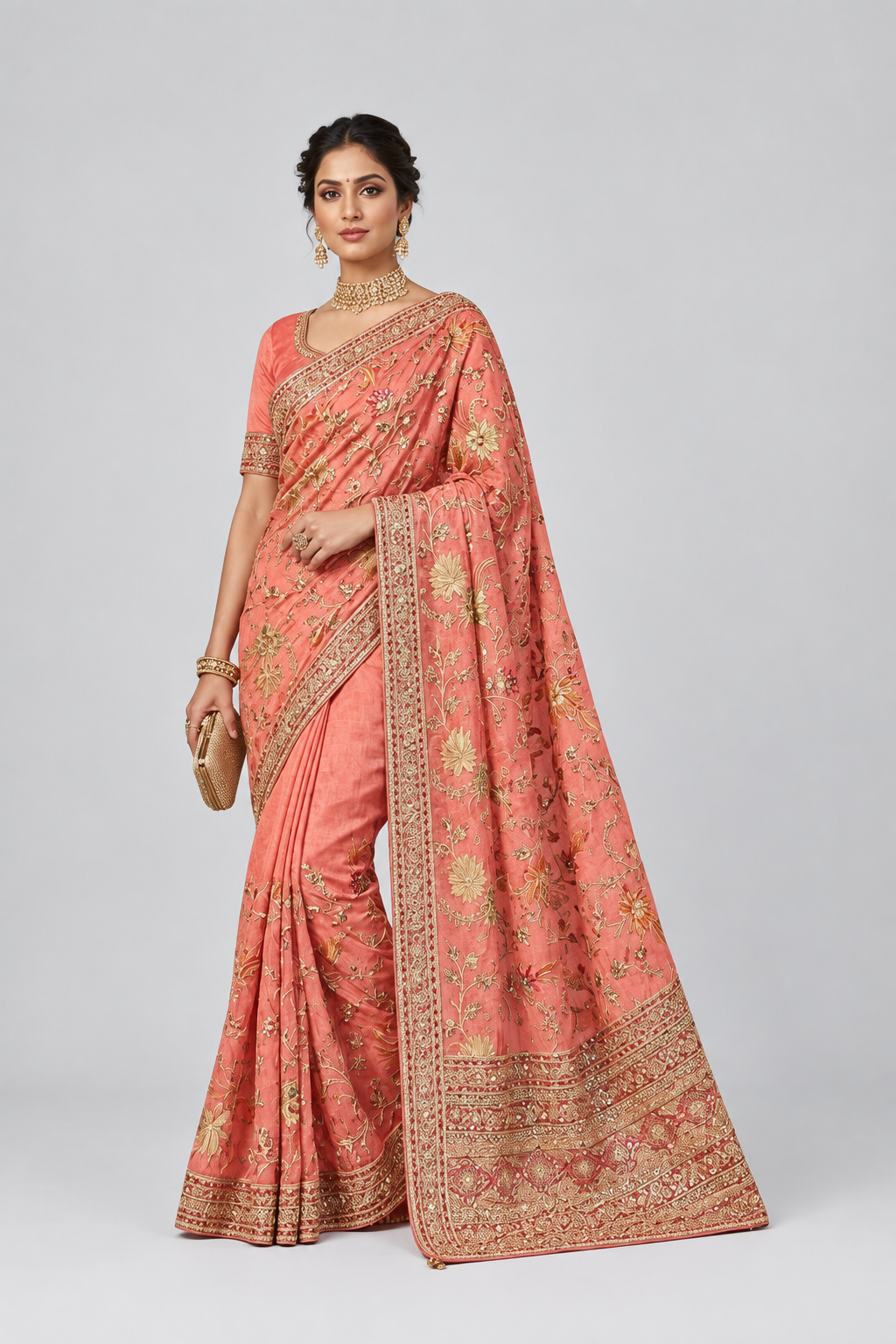 Elegant coral pink saree adorned with intricate golden embroidery