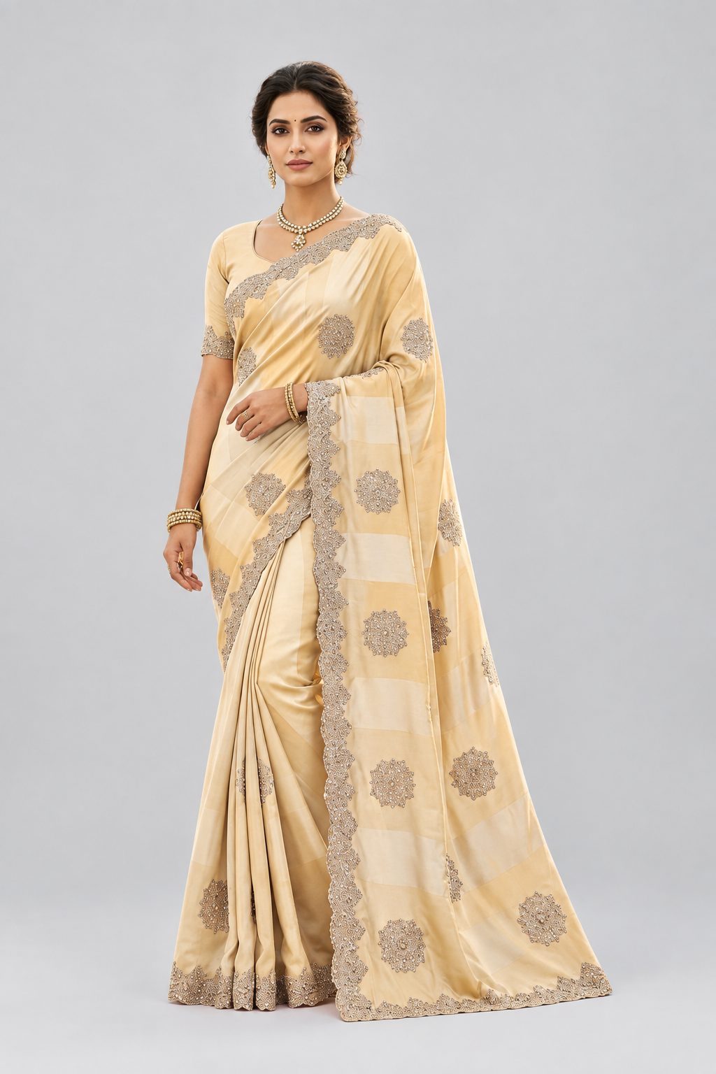 Elegant champagne saree adorned with intricate floral motifs