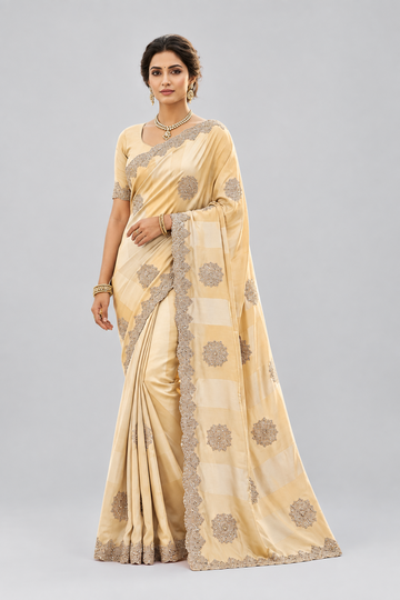 Elegant champagne saree adorned with intricate floral motifs