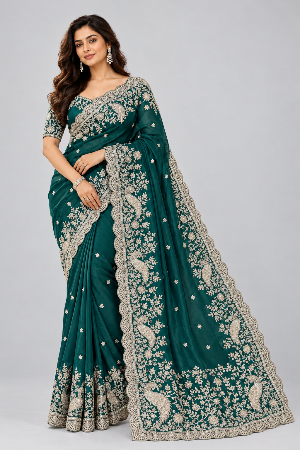 Classy green saree with motifs work