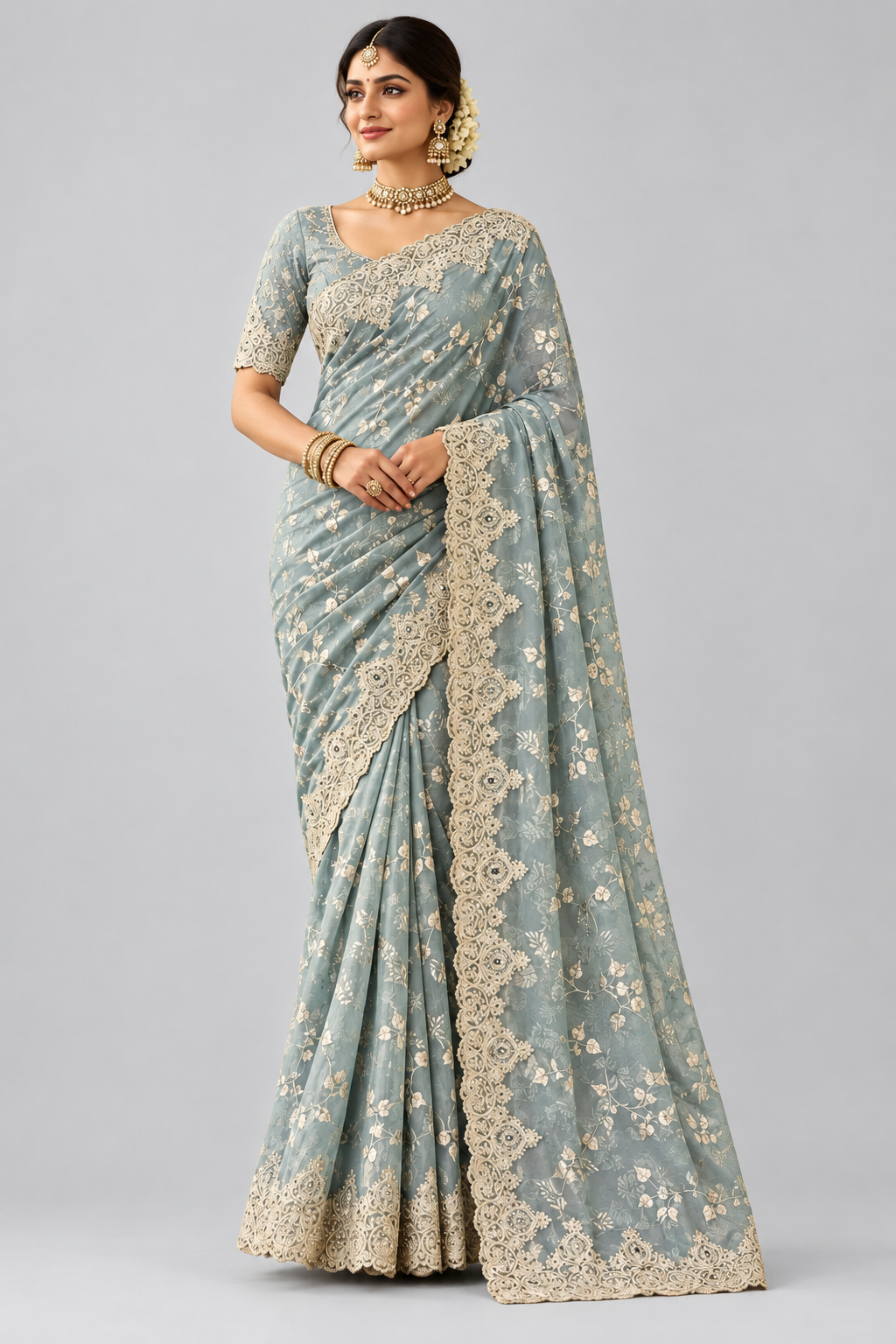 Classy green sequins saree