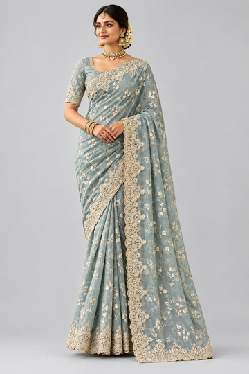 Classy green sequins saree