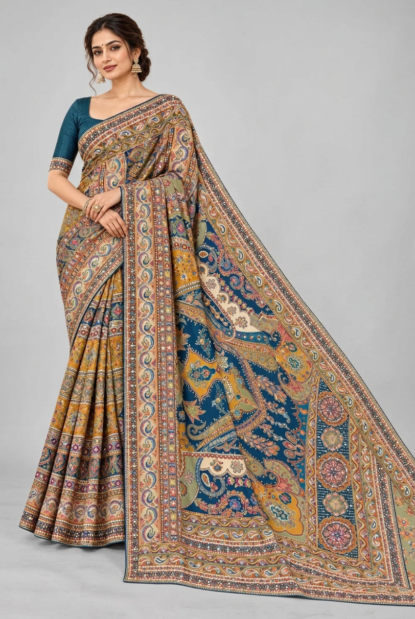 Elegant teal and mustard saree featuring intricate paisley prints