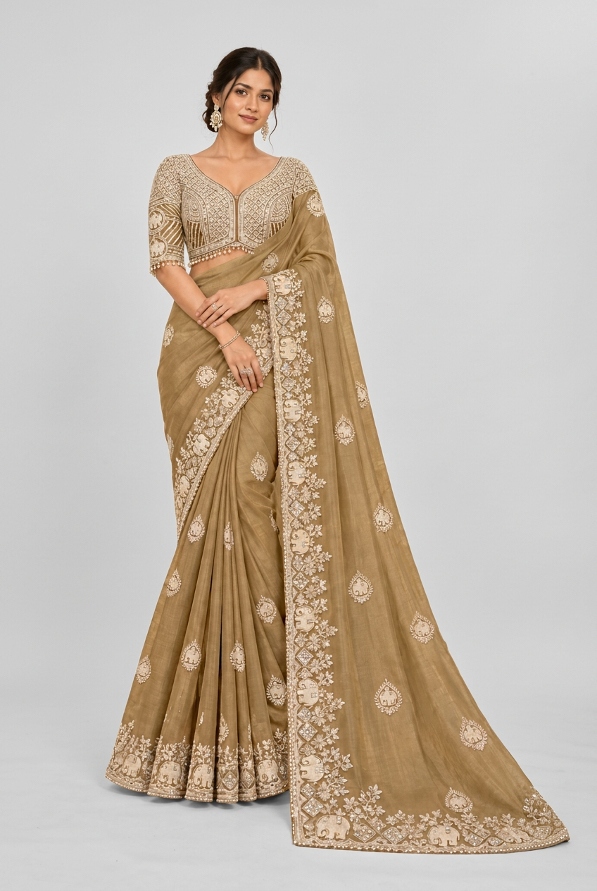 Elegant golden-brown saree adorned with intricate ivory embroidery