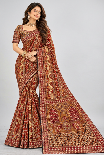 Rich maroon saree featuring intricate traditional geometric prints