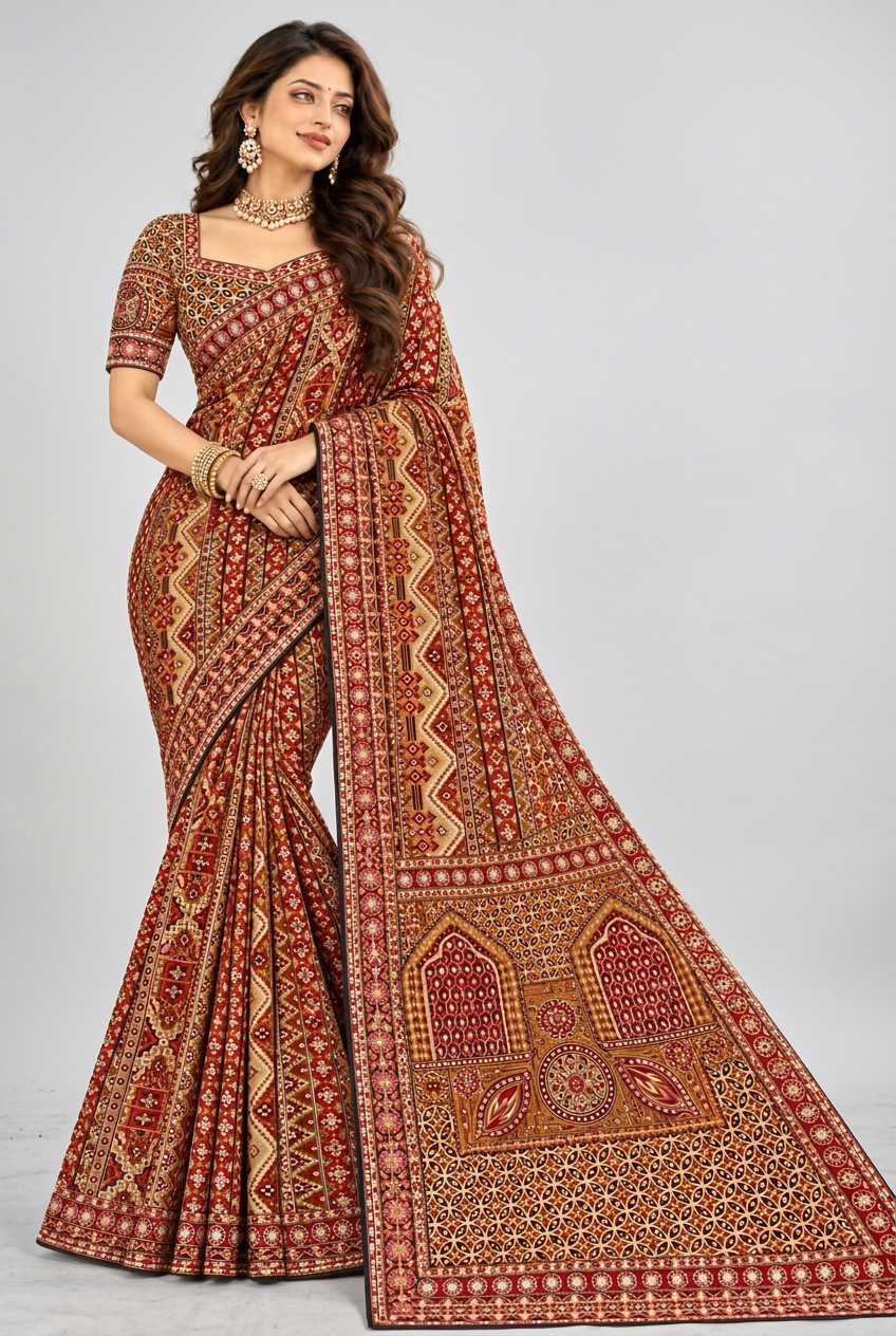 Rich maroon saree featuring intricate traditional geometric prints