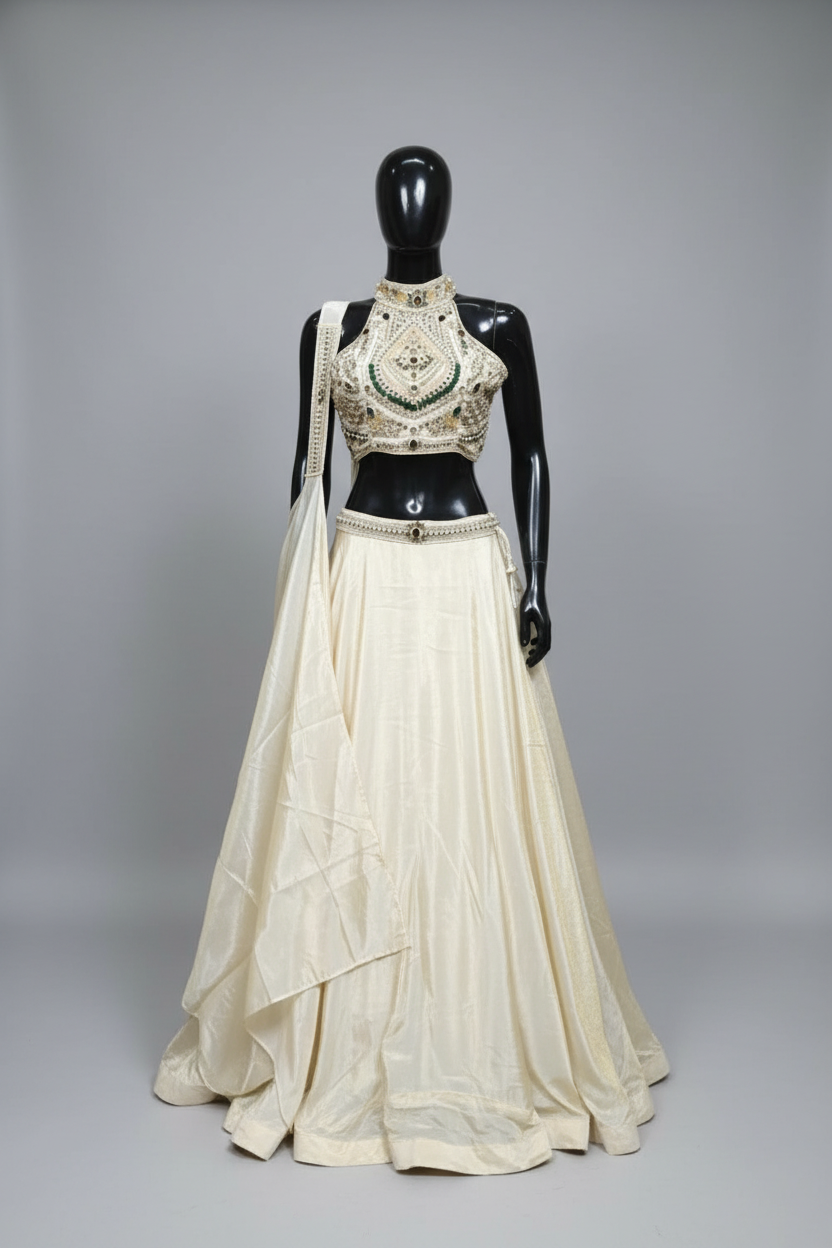 Biege Silk Lehenga with Embellished Halter Neck Blouse