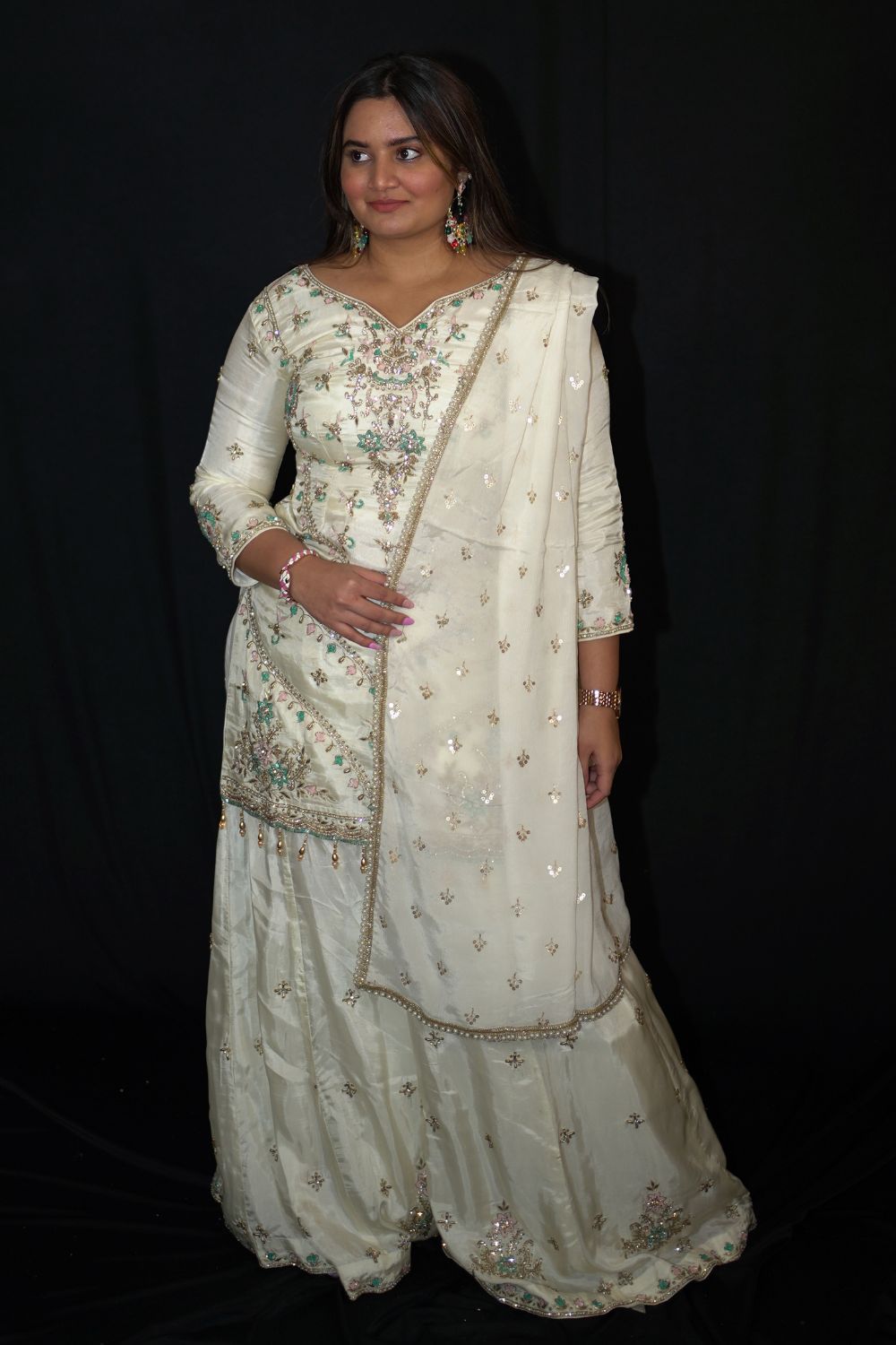 Cream Pure Crepe Sharara Suit With Chinon Dupatta Secondary image