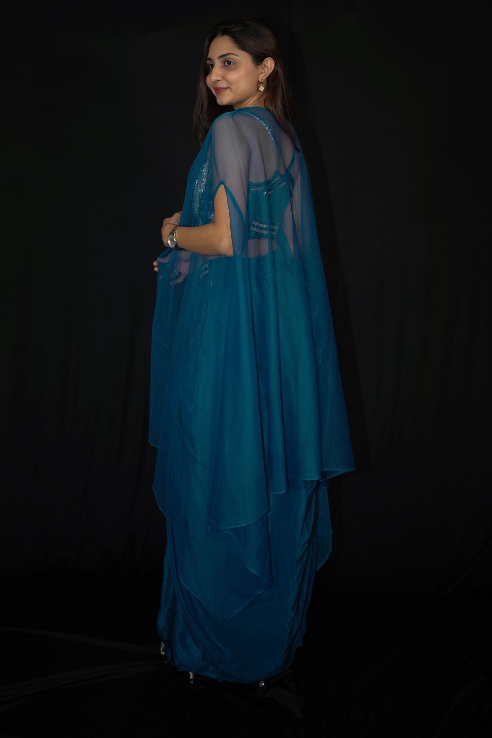 Teal Drape Skirt And Crop Top With Matching cape With Embroidered