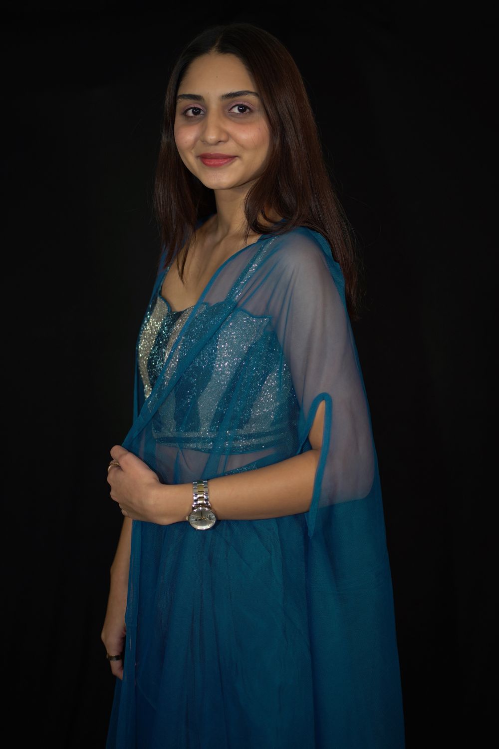 Teal Drape Skirt And Crop Top With Matching cape With Embroidered