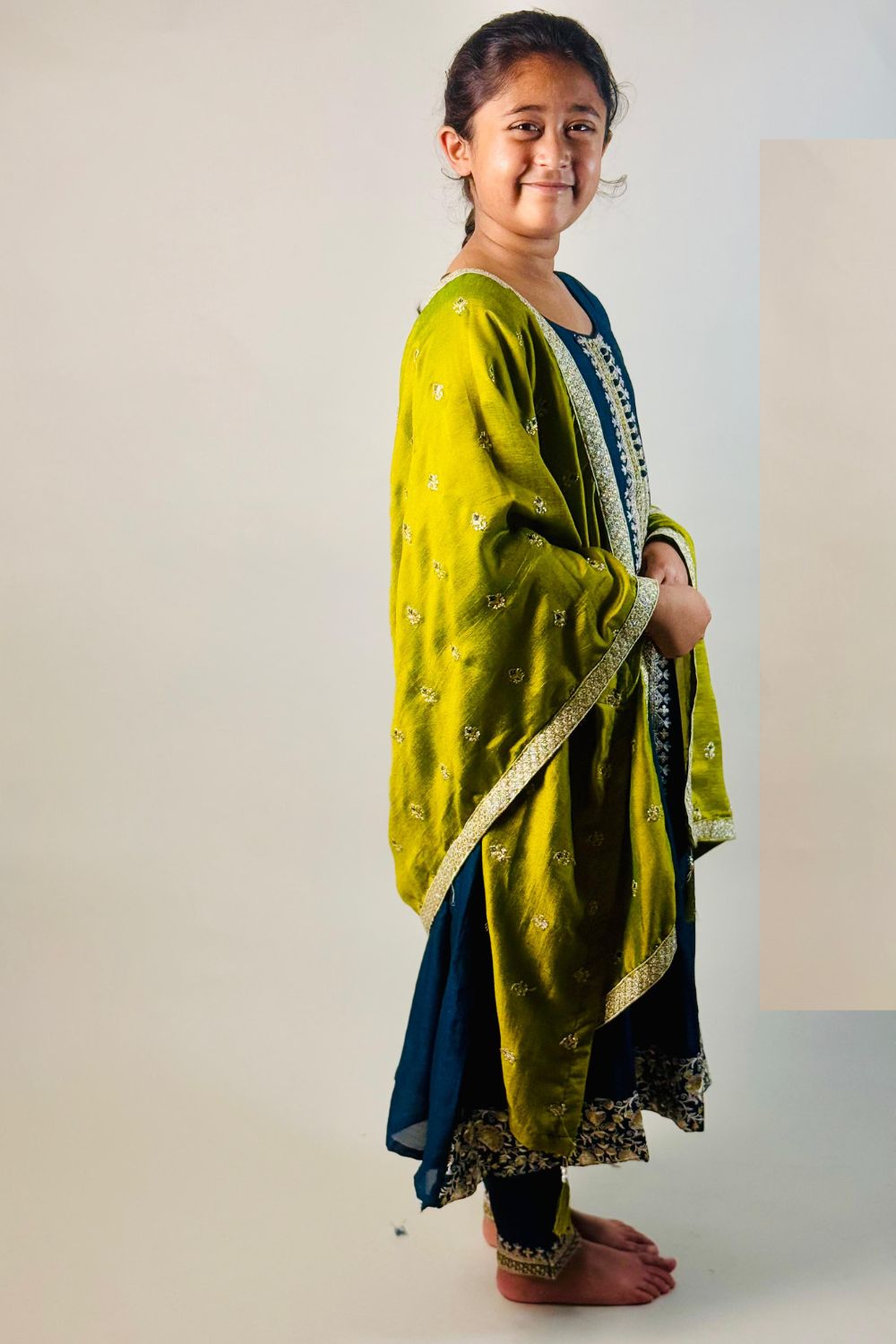 Teal Blue Trousers Suit With Green dupatta