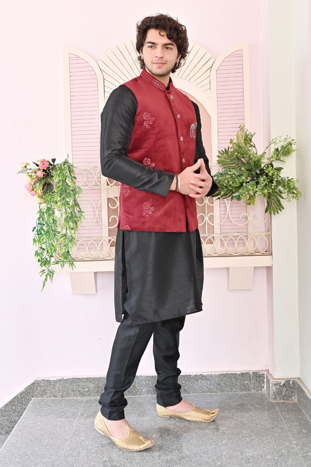 Deep Red velvet Floral Print Waist Coat