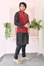 Deep Red velvet Floral Print Waist Coat